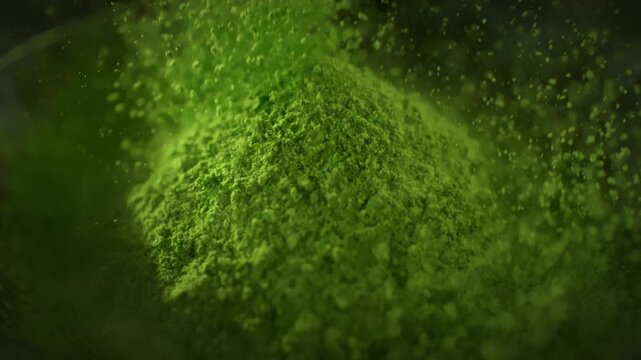 Super Slow Motion Shot of Falling Matcha Powder into a Heap with Camera Motion at 1000fps.