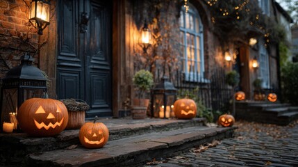 Traditional Halloween decorated street with carved pumpkins, glowing lanterns and old brick houses at night perfect for spooky autumn holiday backgrounds and seasonal celebration visuals