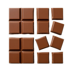 Delicious milk chocolate bar broken into square pieces top view food photography
