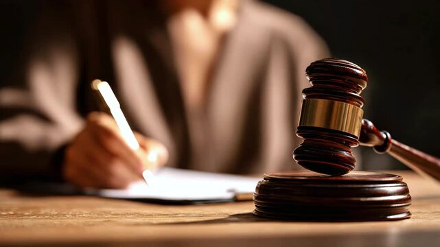 Lawyer in a business suit signs an important document. Wooden judge gavel on table symbolizes law, equality and justice. Legal and forensic concept