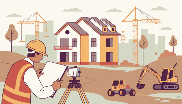 Construction site. Building work process with houses and construction machines. Surveyor engineers with equipment, theodolite or total positioning station. Vector illustration.
