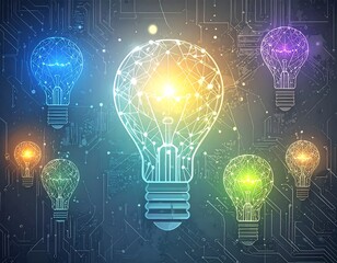 Multiple glowing lightbulb shapes, composed of interconnected lines and dots, are displayed against a backdrop of circuit patterns.