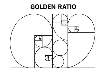 Golden ratio minimalist design with geometric patterns and circles. Fibonacci spiral sequence. Divine proportion for layout and balance. Sacred geometry symbol vector illustration.