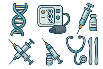 Medical icon set with healthcare symbols. DNA helix, blood pressure monitor, syringe, vaccine vial, stethoscope, scalpel. Medicine, diagnosis, surgery tools. Vector cartoon.