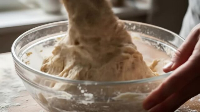 Mixing Dough in Bowl: Culinary Arts, Baking Bread, Comfort Food Preparation