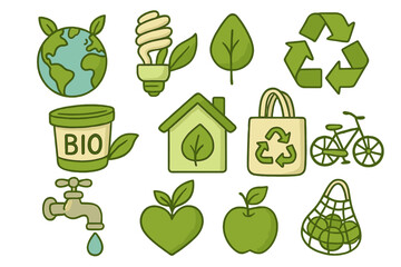 Eco friendly icons set for sustainability and environmental awareness. Green living concepts like recycling, conservation, and organic lifestyle. Vector cartoon collection.