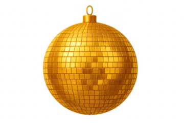 Golden disco ball christmas ornament hanging with transparent background