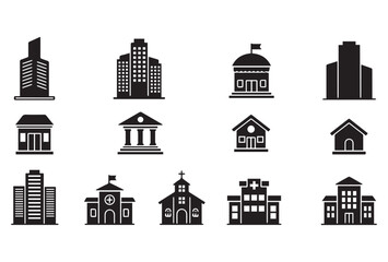 Fototapeta premium A collection of flat style building icons featuring diverse structures such as homes, apartments, educational institutions, healthcare facilities, and worship places. The icons are black silhouettes o