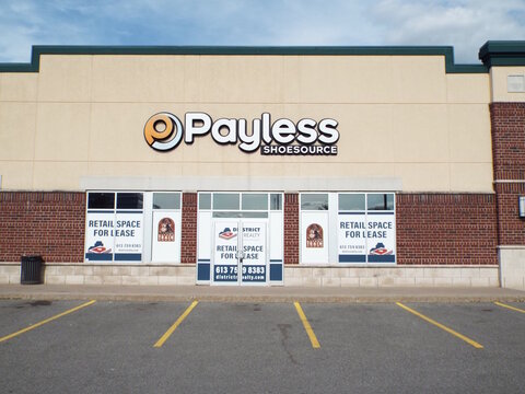 Ottawa, ON, Canada, June 12, 2025: The storefront belongs to a former "Payless ShoeSource" store at  500 Terminal Ave. Unit A-10.
