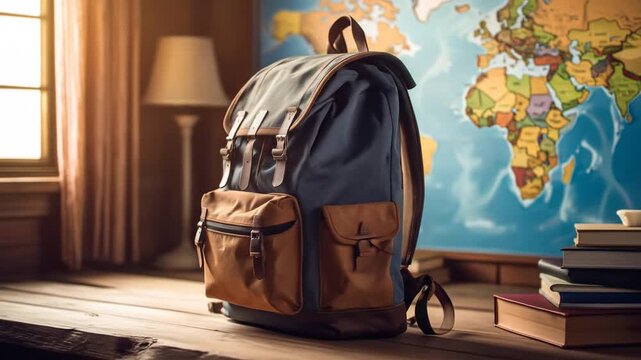Backpack resting on a wooden table in front of a world map