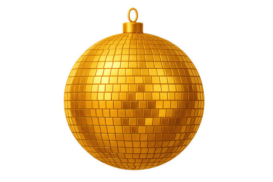 Golden disco ball christmas ornament hanging with transparent background