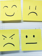 Visualizing mental health through different emotional states depicted on sticky notes, conveying a spectrum of feelings and moods