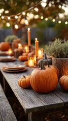Rustic outdoor autumn table setting with pumpkins, candles, plates and warm glowing lights perfect for seasonal holiday backgrounds, thanksgiving celebration visuals and cozy fall decor concepts