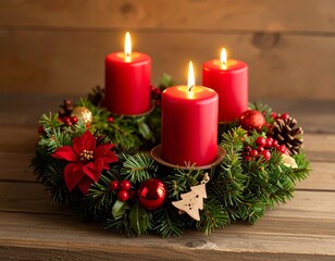 キャンドルとクリスマスリースが並ぶテーブル