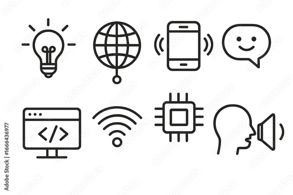 Wall mural technology and communication icon set. vector line art symbols for web design, development, and mark
