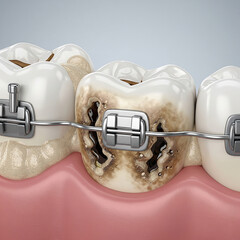 Image of tooth decay that occurs near braces as a result of poor hygiene. 3D illustration.