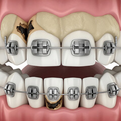 Image of tooth decay that occurs near braces as a result of poor hygiene. 3D illustration.