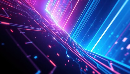 Vibrant neon lines forming an abstract circuit board or data stream, symbolizing technology, connectivity, and the digital future. Ideal for tech, business, or modern design.