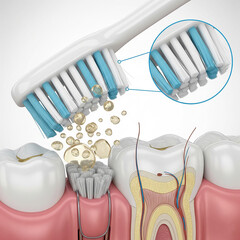 3D illustration showing teeth cleaning with a toothbrush.