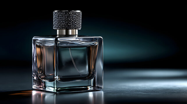 Transparent dark glass perfume bottle with sharp edges, isolated against pure black background, modern gothic minimalism