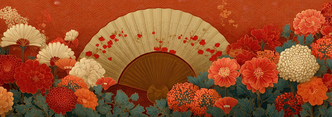 Vibrant floral artistry inspired by traditional Japanese aesthetics in a serene autumn setting filled with warmth and color