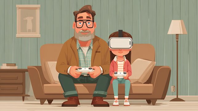 Cartoon Grandfather and Granddaughter Playing Video Games Together in Living Room