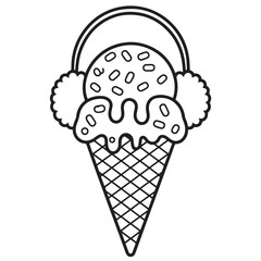 Festive Christmas ice cream cone decorated with sprinkles and holiday cheer, cute dessert cartoon coloring pages line art for kids and adults