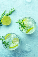 Gin tonic, shot from above with rosemary and lime. Fresh summer cocktail with ice