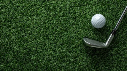 Golf club and ball on lush green grass. AI image