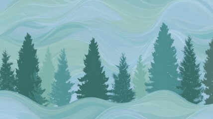 Fototapeta premium Stylized evergreen forest with wave patterns. AI image