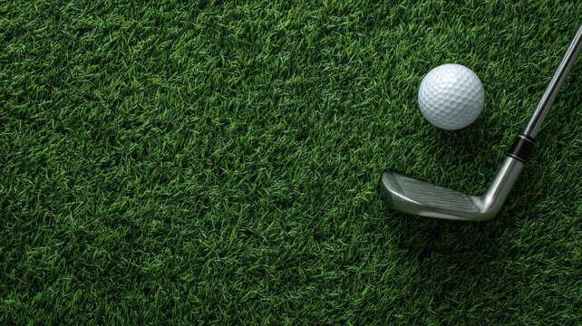 Golf club and ball on lush green grass. AI image