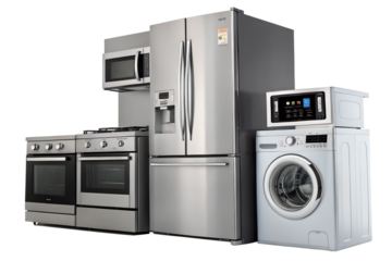 Modern Kitchen with Full Suite of Home Appliances Refrigerator, Oven, Microwave, and Washing Machine