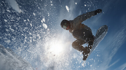 Fototapeta premium snowboarder mid-air jump, powder snow flying