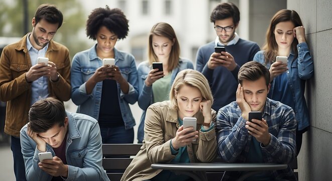 Diverse group engrossed in mobile devices - Powered by Adobe