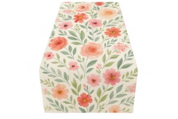 Elegant floral table runner with pink flowers and green leaves on transparent background
