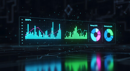 Fototapeta premium Futuristic digital interface displaying financial data with bar graphs and pie charts illuminated