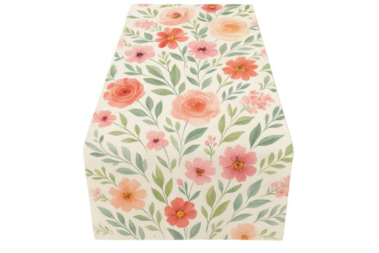 Elegant floral table runner with pink flowers and green leaves on transparent background