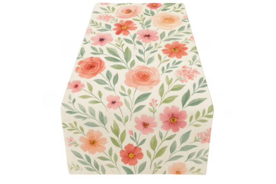 Elegant floral table runner with pink flowers and green leaves on transparent background
