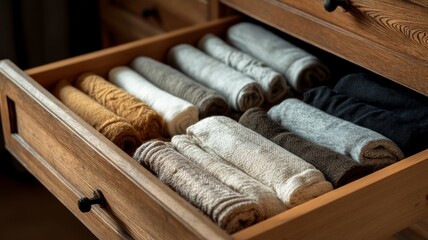 Neatly organized drawer with folded clothes in warm lighting. AI image