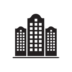 Obraz premium A flat style icon representing various buildings such as houses, offices, skyscrapers, and religious structures. The icon is designed in black with a clean white background, emphasizing simplicity and