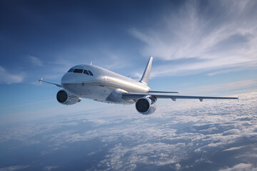 Obraz premium An Airbus A319 airplane flying high in the sky.