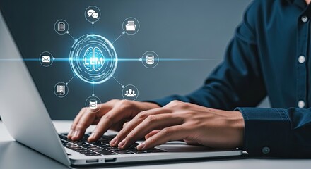 Person typing on a laptop with a glowing digital network and icons representing technology and business growth