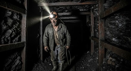 Fototapeta premium A coal miner with a headlamp stands in a dark mine shaft surrounded by coal and wooden supports