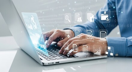 Close up of a person s hands typing on a laptop with digital data and charts overlaid