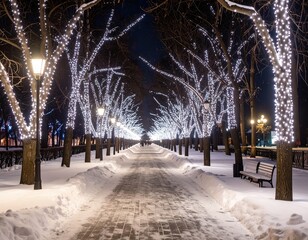 町の公園に広がるホワイトイルミネーションの夜景