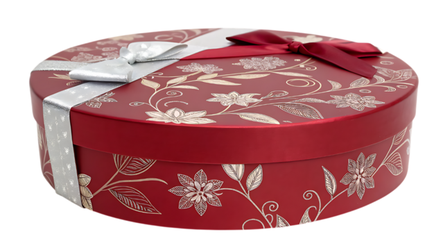 Red floral gift box with silver and red ribbons