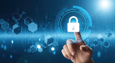 Finger touching a glowing digital padlock icon representing cybersecurity and data protection in a futuristic network