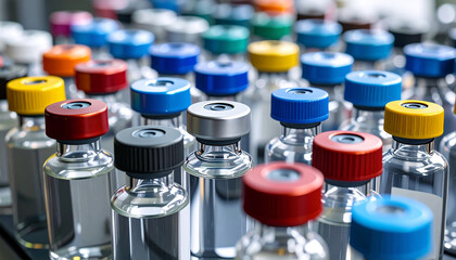 Rows of multi-colored vials filled with a transparent liquid, Pharmaceutical medication in bottles with colored caps, close-up