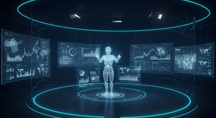 Futuristic humanoid robot interacting with a holographic data visualization interface displaying charts and graphs in a modern, high-tech environment.