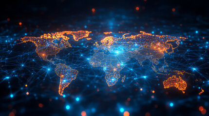 A glowing world map with interconnected nodes and lines representing global network connections and data flow